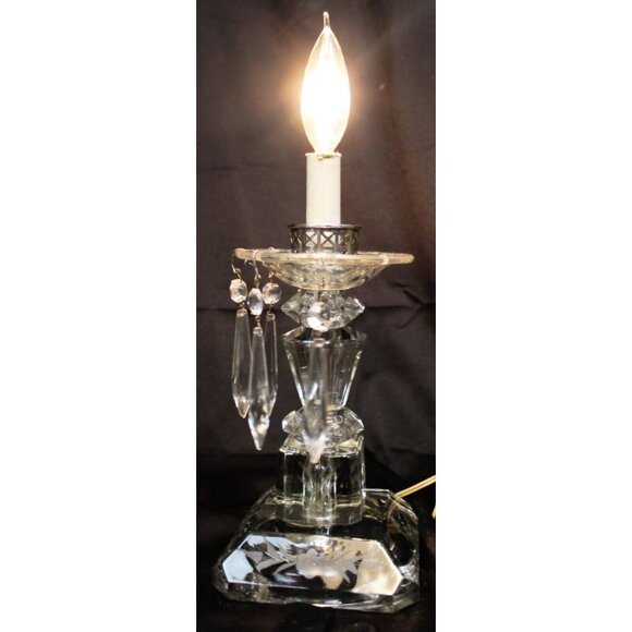 VTG Clear Crystal Lamp Light Floral Etch Hanging Pendant Victorian Elegant Glass - Picture 2 of 9